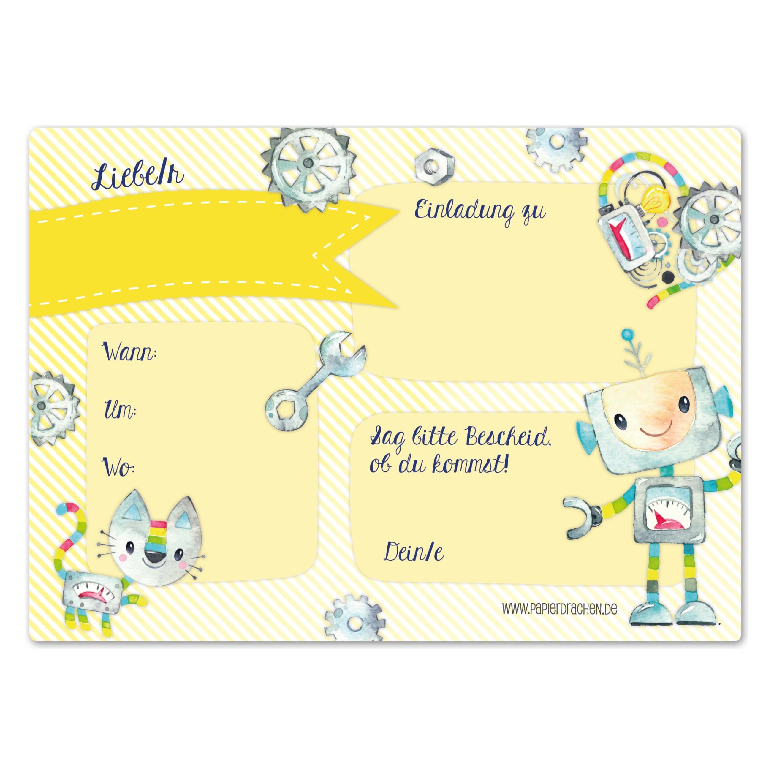 Papierdrachen 12 Einladungskarten zum Geburtstag - Roboter (12 Stk.) (B224-001-016)