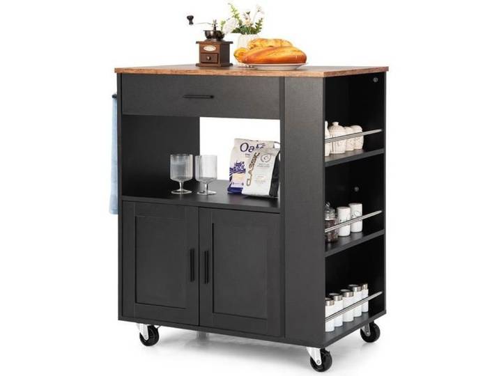 COSTWAY Desserte de Cuisine sur Roulettes (2 Verrouillables) 82x46x92cm îlot Chariot de Cuisine avec 3 Casiers à Épices Noir