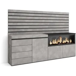 SKRAUT HOME Sideboard, Schrank, Buffet, Stauraum, 214x35x145cm, Schlafzimmer, Elektrokamin XXL, Schubladen, Modern style, Zementgrau _ 447_16