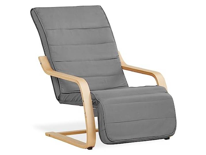 Homestyle4u Schwingsessel mit Liegefunktion & Fußstütze - Grau/Holz Relaxsessel aus Birkenholz & Baumwolle – Stillstuhl, Fernsehsessel, Lesesessel – bis 150 kg