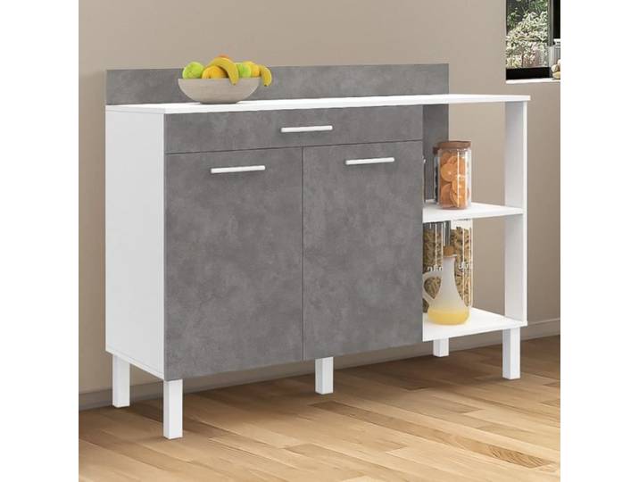 IDMARKET Buffet bas de cuisine 120 cm CINA plan de travail H.83 cm 2 portes + tiroir blanc et effet béton
