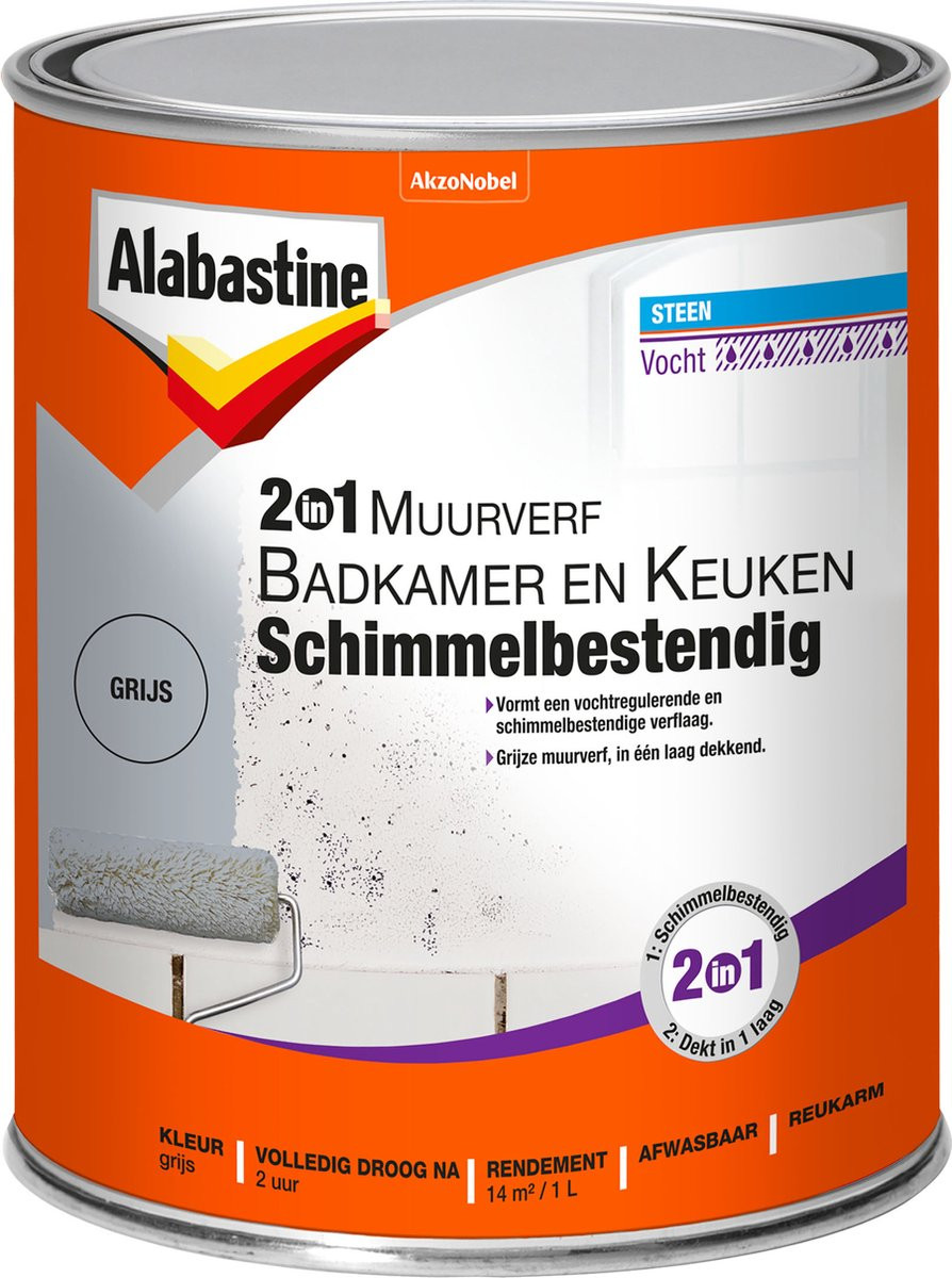 Alabastine muurverf voor badkamer en keuken, schimmelbestendig, grijs, 1 liter