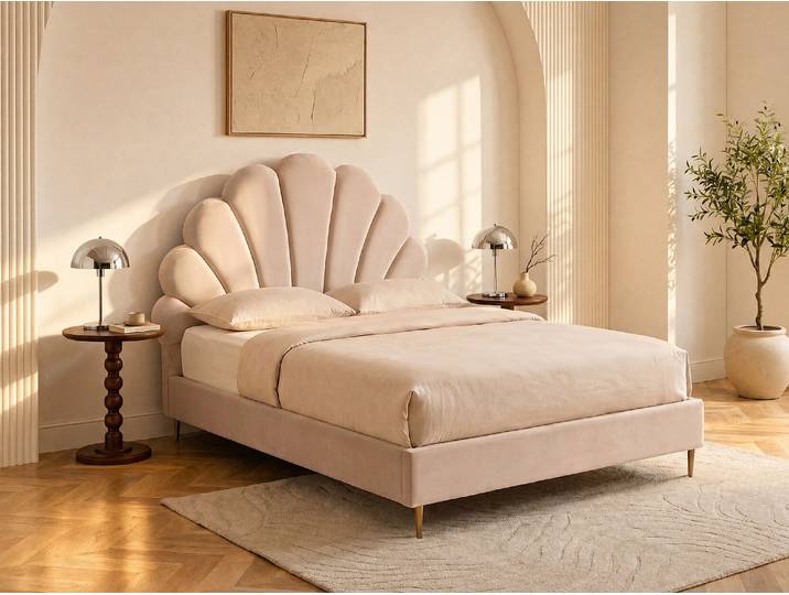 Bett mit Kopfteil in Muschelform 120 x 190 cm - Samt - Beige LIVAYA
