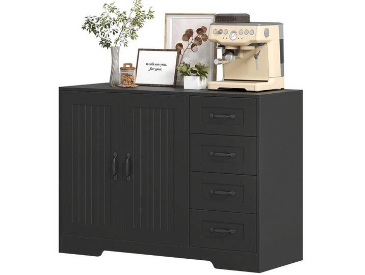 Modfu Sideboard aus Holzwerkstoff 105x40x76 cm Schwarz mit 4 Schubladen, Schrank und verstellbarem Regal, 105x76x40 cm, Kleinmöbel, Kommoden, Sideboards