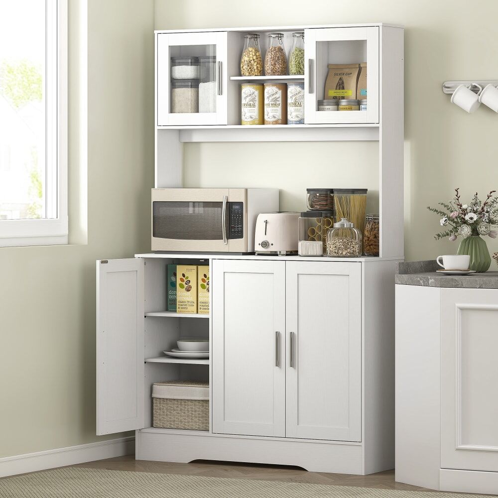 Homcom Armoire de cuisine scandinave portes vitrées et plan de travail blanc Blanc 108x180x35cm