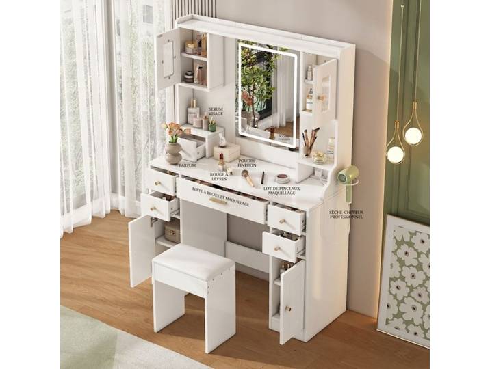 Grande Coiffeuse LED avec Miroir et Prises Table de Maquillage Blanche 6 Tiroirs 4 Portes 105x152x40cm
