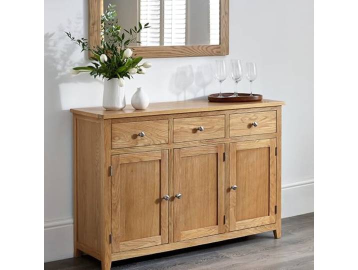 Julian Bowen Mallory großes Sideboard, Eiche, 86 x 128 x 40 Traditioneller Aufbewahrungsschrank für Esszimmer oder Wohnzimmer, massive Eiche & Furniere, praktische Aufbewahrung