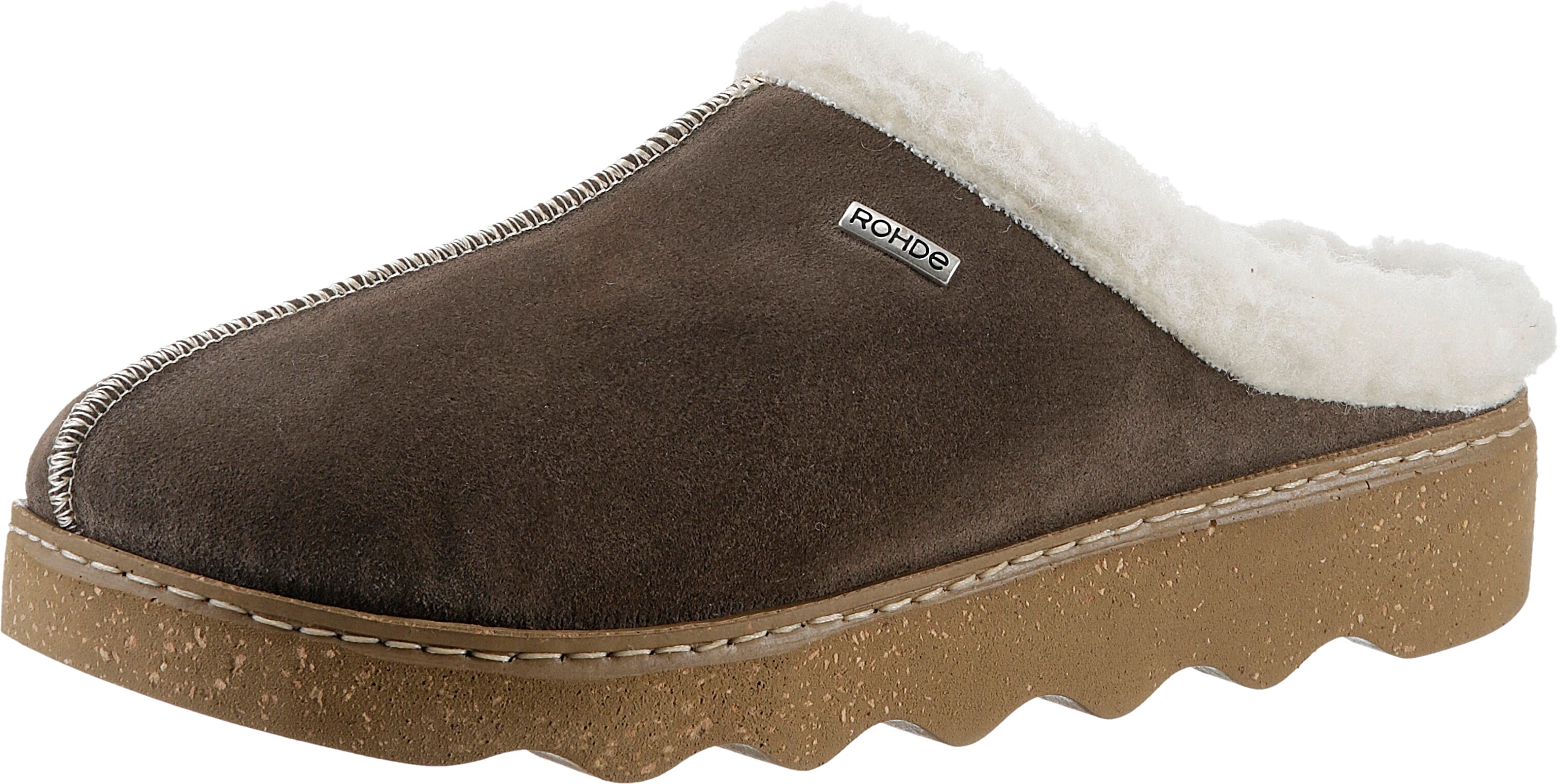 Pantoffel ROHDE "Foggia-D", Damen, Gr. 37, Lammwolle, braun (dunkelbraun), Veloursleder, Schuhe Pantoffel, Hausschuh, Clog mit herausnehmbarer Innensohle aus Lammwolle dunkelbraun 37, Lammwolle