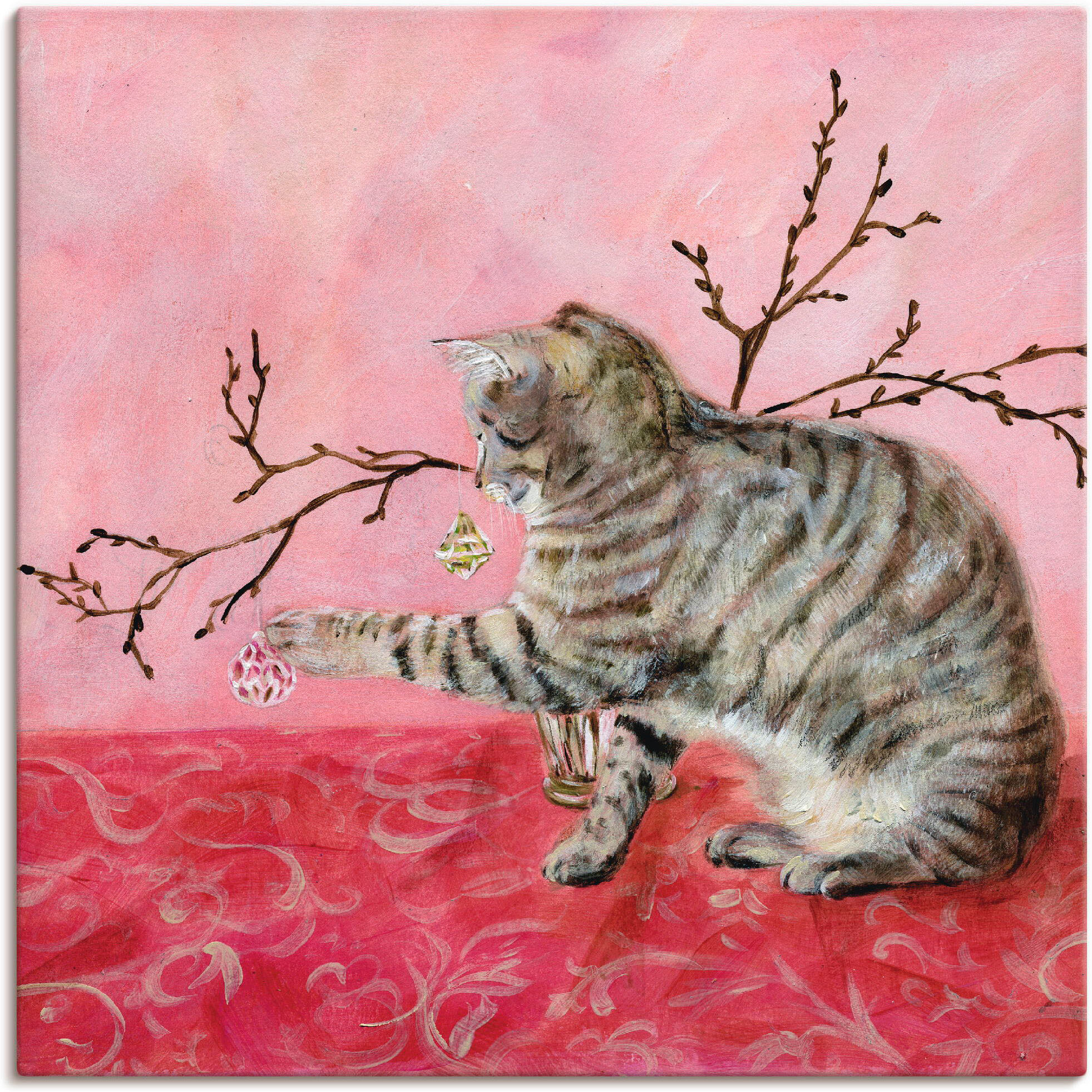Leinwandbild ARTLAND "Katzenspiel", pink (farbe bild(er): pink), B:50cm H:50cm, Bilder, Leinwandbild, auf Holzrahmen gespannt farbe bild(er): pink B/H/T: 50cm x 50cm, Leinwandbild Haustiere quadratisch, 1 Stk.