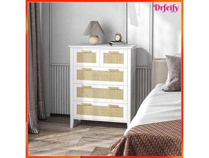 Commode - AKOZON - 8645 - 5 tiroirs - Panneaux rotin tissé naturel - Poignées bois - Blanc 77x37x104 cm