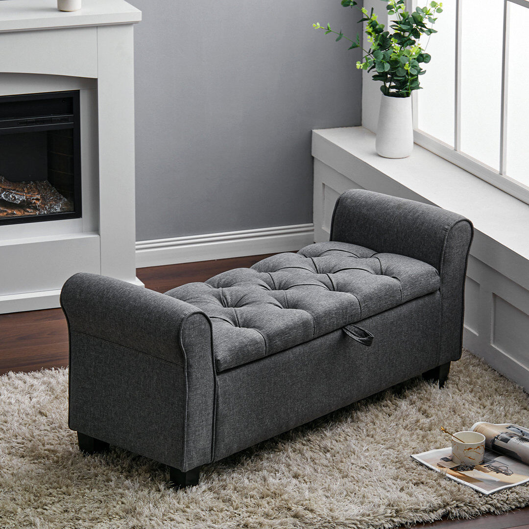 Beachcrest Home Elysian Linen Splayed Upholstered Armrest Storage Ottoman Bench Chaise Dark Grey 48cm H X 115cm W X 40cm D