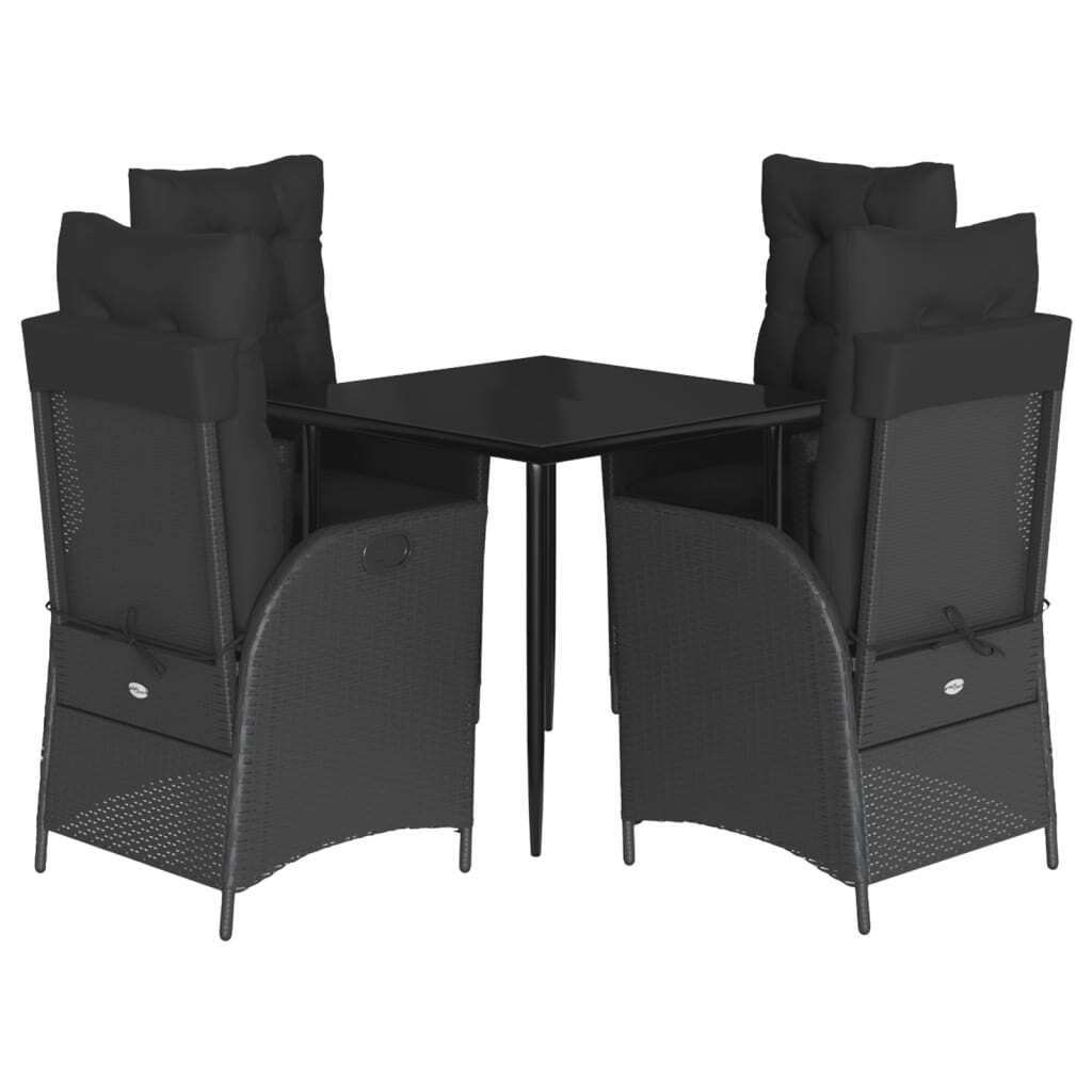 Garten-Essgruppe 5-tlg., für Outdoor & Terrasse, PE-Rattan & Stahl, verstellbare Relaxsessel, gehärtete Glasplatte, inkl. Kissen, Schwarz