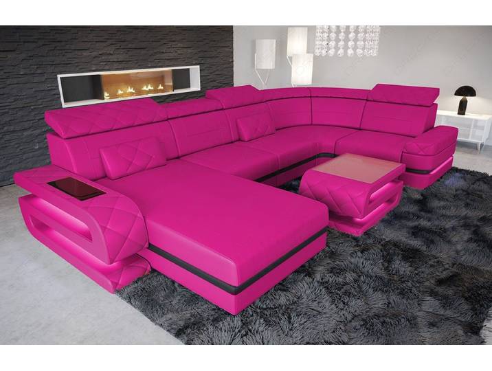 Sofa Dreams Wohnlandschaft Bologna U Form Leder, 6-Sitzer, Couch, opt. Schlaffunktion, Kopfstützen, Farbwechsel-LED