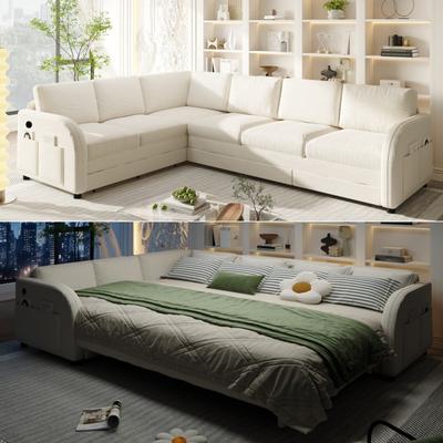Abrihome "115.2"" L-Shaped Teddy Sectional Sofa with Pull-Out Bed"