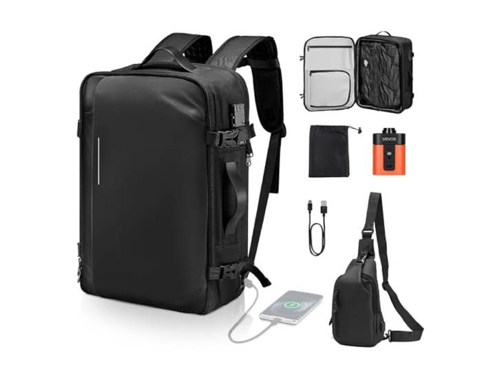 VEVOR Sac à Dos Voyage sous Vide\, 65 L\, Sac à Dos à Compression sous Vide Extensible\, avec Pompe\, Serrure Homologuée TSA\, Plusieurs Compartiments\, Bretelles Rembourrées\, pour Voyages d'affaires\, Noir