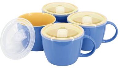 Gibson Home On The Go 4 Piece 25 Ounce Stoneware Soup Cup Set with Lid in Blue