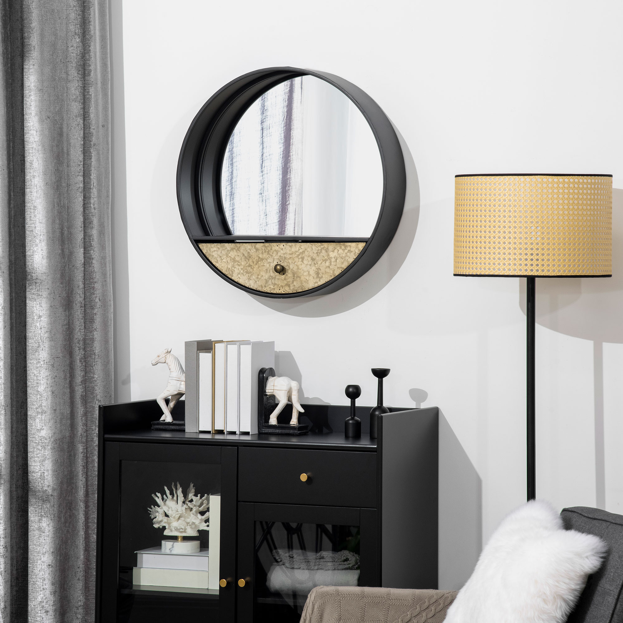 Homcom Specchio da Parete Rotondo da Ø61cm con Cassetto e Cornice in Metallo Nero Aosom