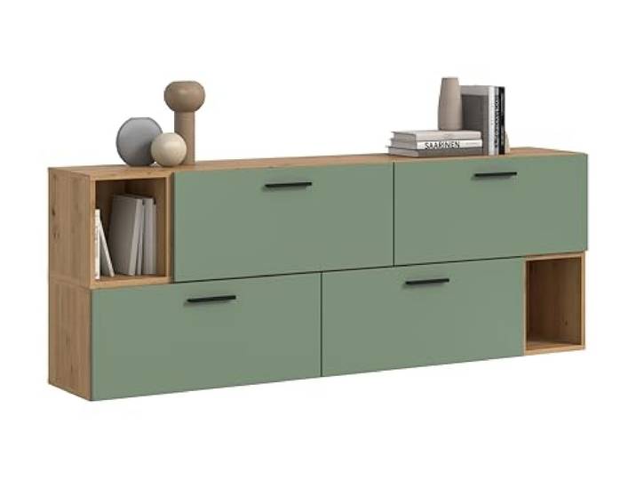 xonox.home – Wohnkombination The One 176x97x34 cm in Artisan Oak und Smoke Green – Wandkombination mit 4 Klappen – 10 Fächer Sorgen für viel Platz & einen modernen Farbtupfer in Ihrem Zuhause