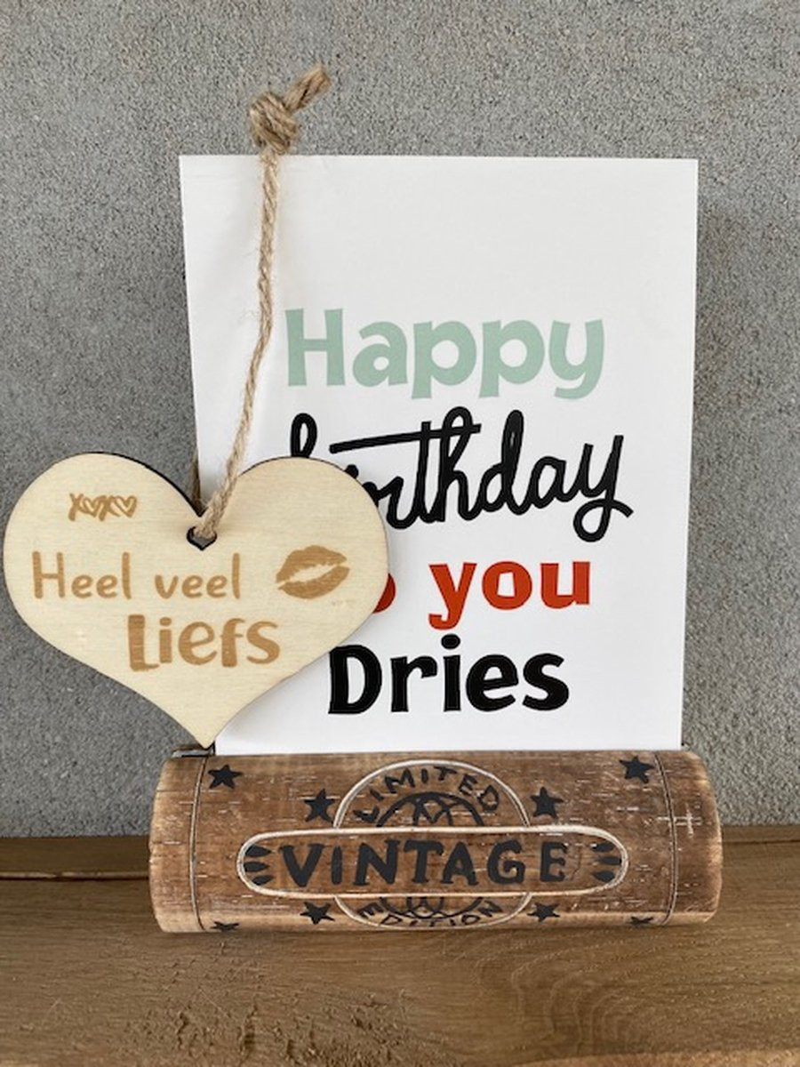 Vintage houten fotohouder met houten hartje - 4,5 x 13 cm - Kaartenhouder