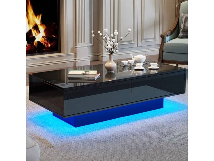 Table basse - table basse salon led - Noir brillant - 2 tiroirs - Éclairage LED