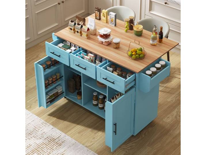 Îlot de cuisine - Desserte/buffet - Bleu - Plateau rabattable - Roulant