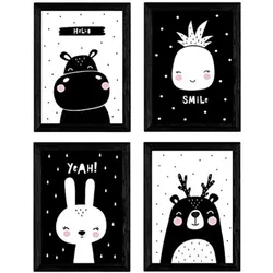 POSTER Set mit 4 Eisbär, Kaninchen, Hypopotamus und Ananas Tieren A4 Rahmenlos