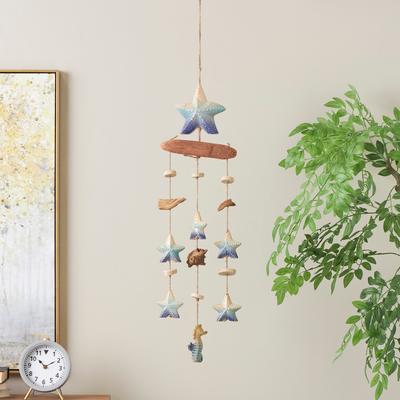 Studio 350 Blue Ceramic Handmade Ombre Starfish Windchime with Driftwood and Bead Accents