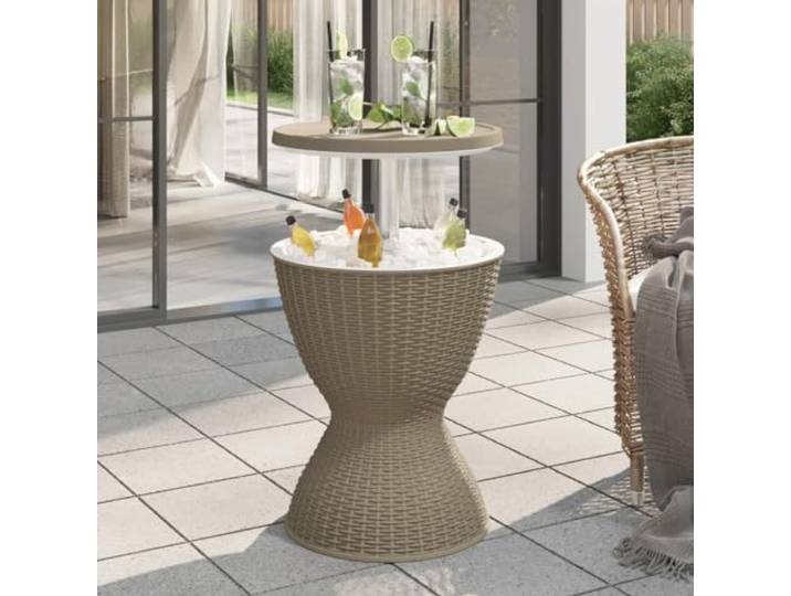 KPOUTRFG 3-in-1 Tisch mit Eiskühler Hellbraun Polypropylen Rattan-Optik, Ablaufstöpsel, Stabil, Für Garten Und Terrasse