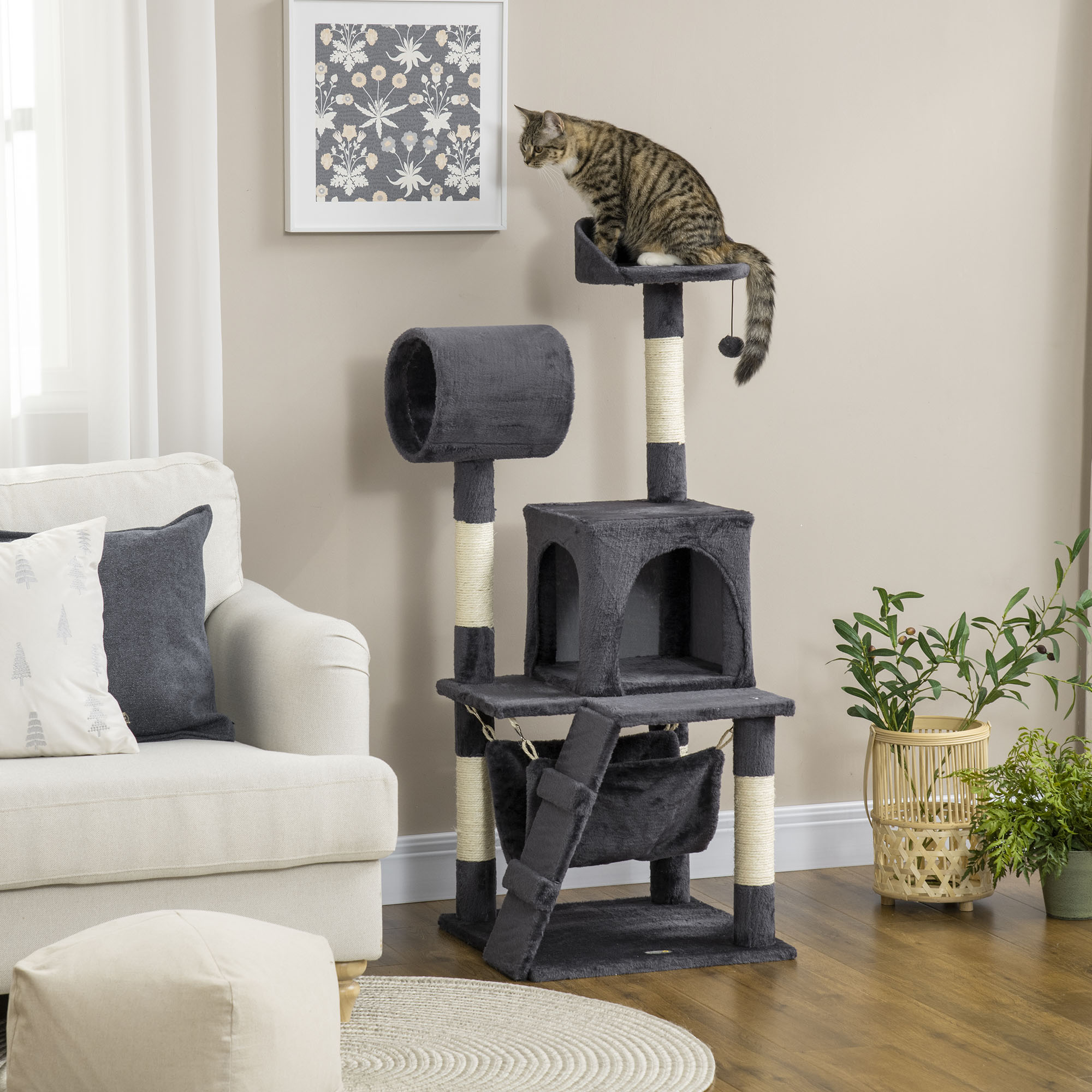 Pawhut Albero per Gatti in Truciolato, Peluche e Sisal con Tiragraffi per Gatti, Casetta, Amaca, Letto, Tunnel e Pallina, 48x48 x125 cm, Grigio Aosom