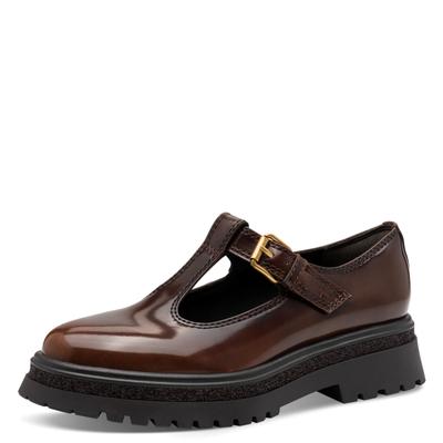 Slipper TAMARIS, Damen, Gr. 41, ungefüttert, beige (braun), Lacklederimitat, glänzend, unifarben, Basic, Schuhe Slipper, Chunky-Slipper, T-Spangen, Loafer, in veganer Verarbeitung