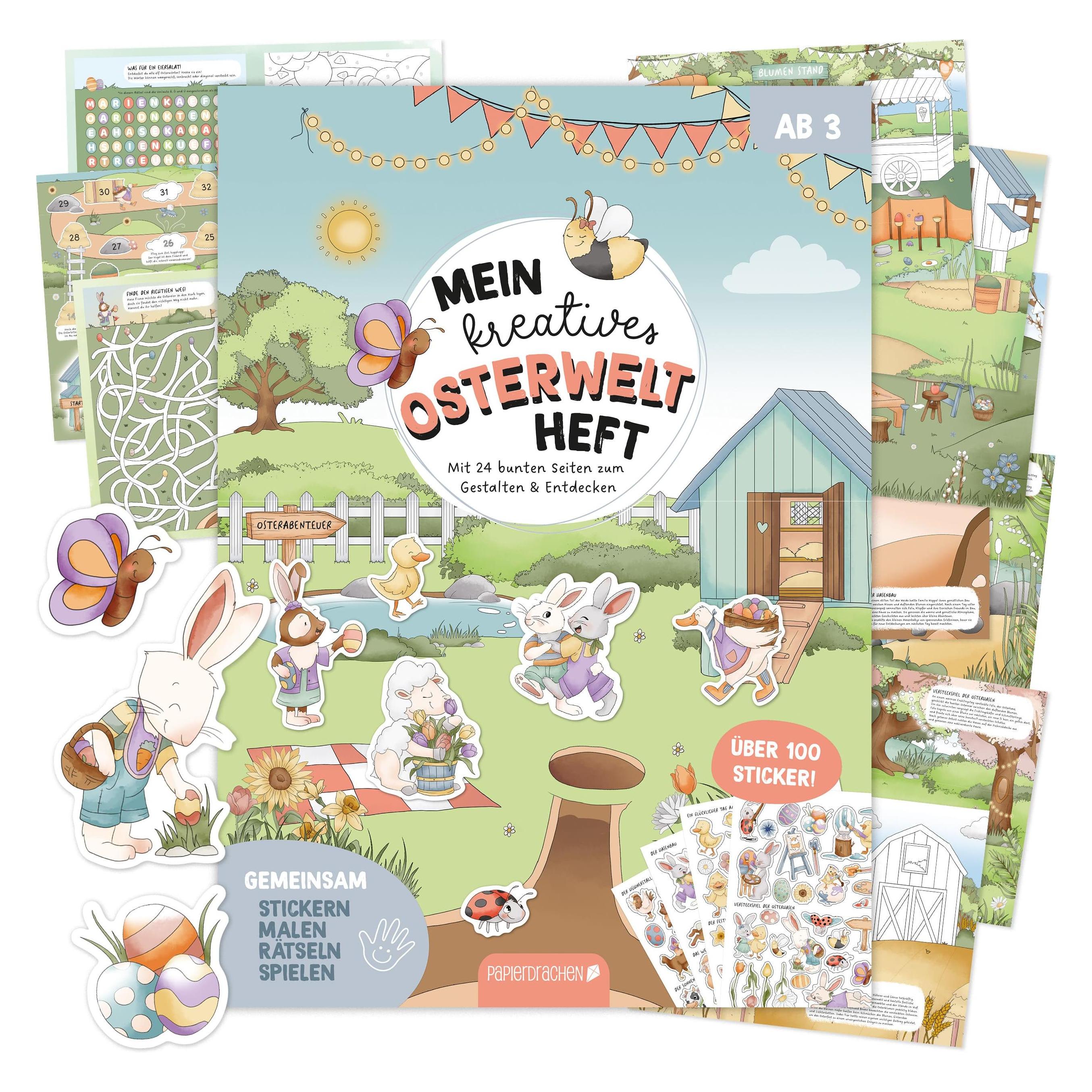 Papierdrachen Mein kreatives Osterwelt Heft - Malen, Rätseln, Stickern (100 Sticker) (B060-046-001)
