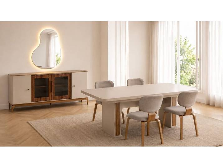 Xlmoebel Esszimmer-Set Premium Esszimmer Set Beige Luxus Holz Tisch Stühle Anrichte, (7-St., 7-tlg)