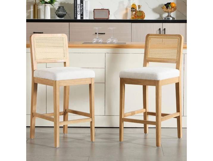 Chairus Tabouret de Bar Lot de 2 Tabouret Bar en Bois Tabouret avec Dossier Rotin Chaise Bar Haute pour Cuisine Chenille Blanc