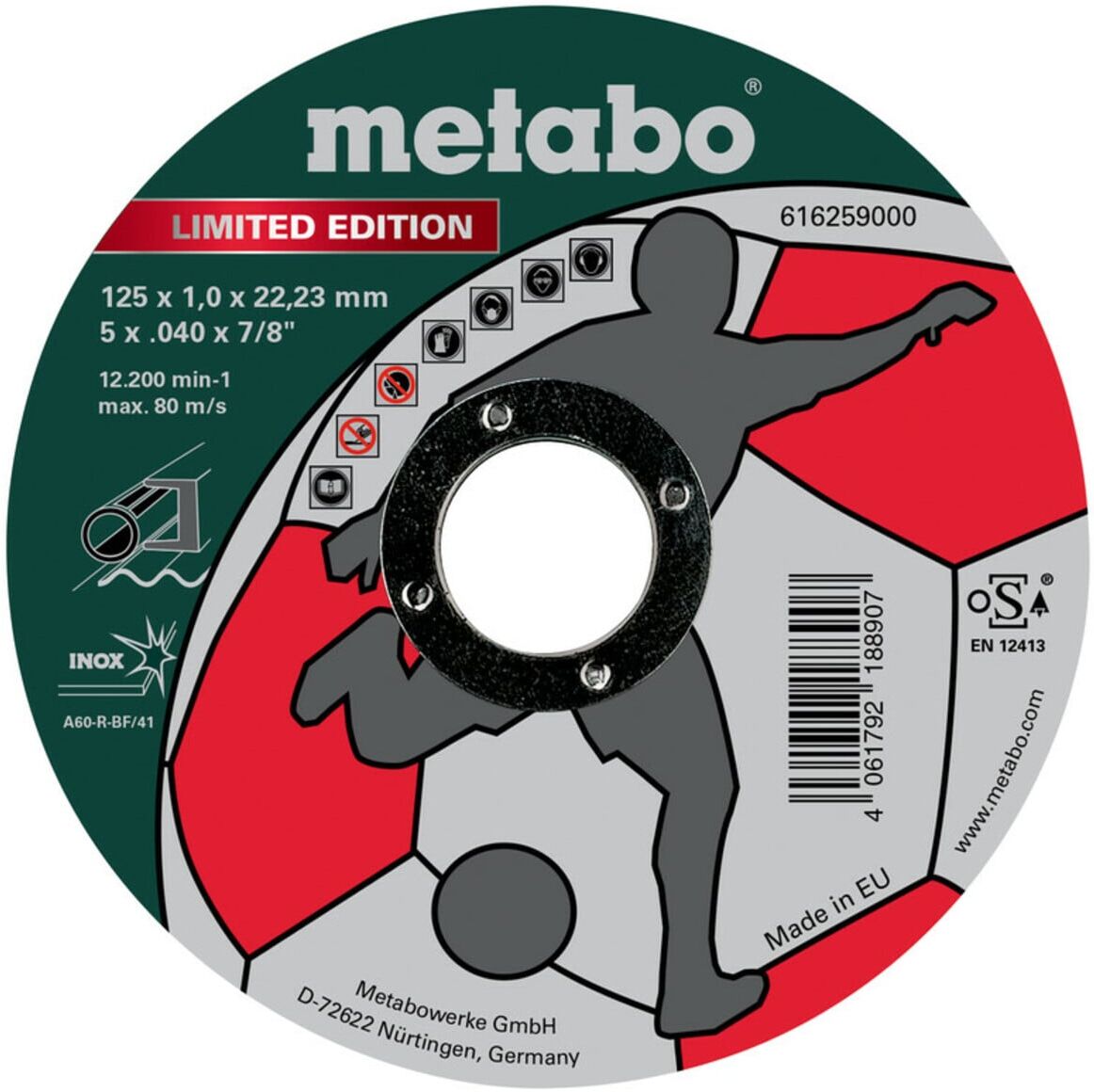 Metabo Limited Edition Soccer 125 x 1,0 x 22,23 mm, Inox, Trennscheibe, gerade Ausführung (616259000)