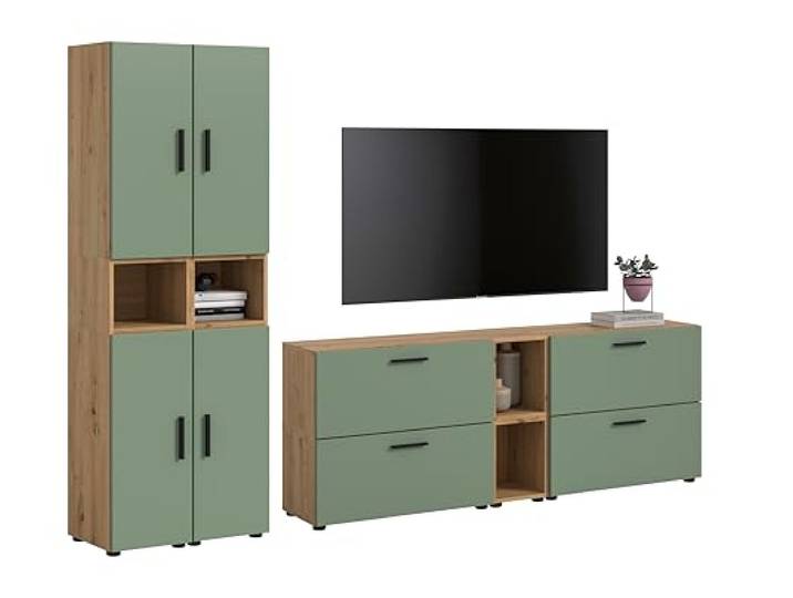 xonox.home – Wohnkombination The One 259x182x34 cm in Artisan Oak und Smoke Green – Schrankwand mit 4 Türen & 4 Klappen – 20 Fächer bieten Platz für Alles Wichtige in einem modernen Ambiente