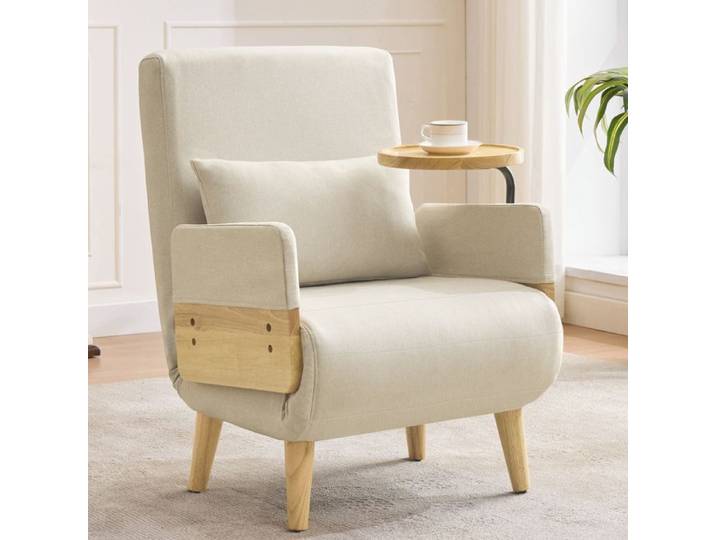 Fauteuil convertible 3-en-1 en lin beige avec tablette pivotante