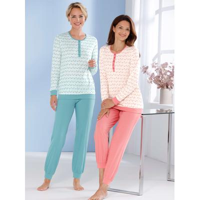 Schlafanzug WÄSCHEPUR, Damen, Gr. 44/46, bunt (ozean, flamingo), 100% Baumwolle, Homewear-Sets Schlafanzug