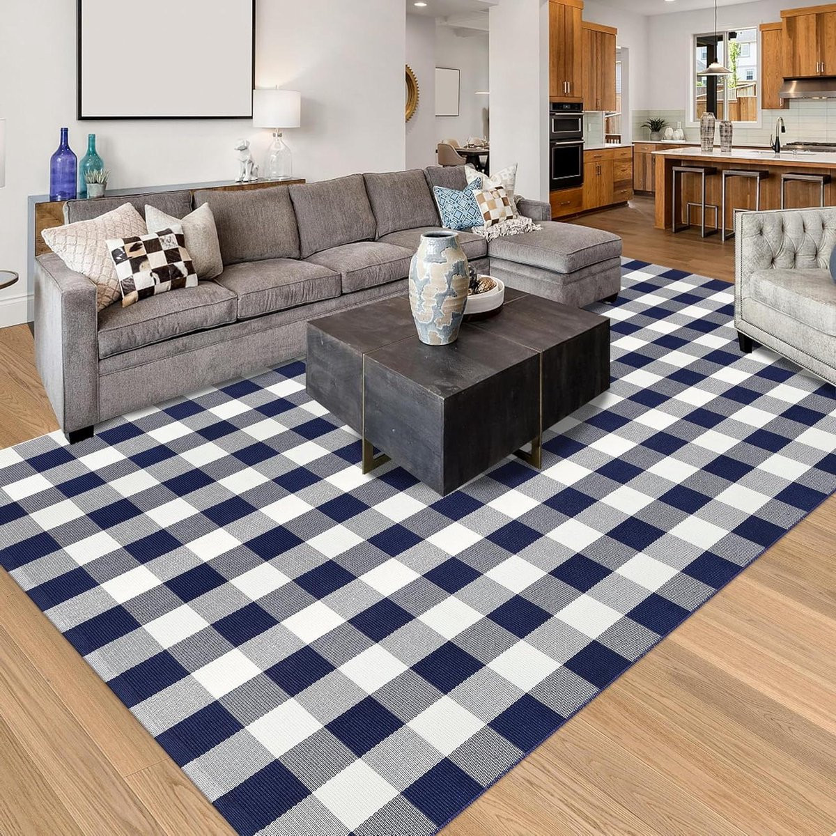 Buffalo Plaid Geruit Vloerkleed Navy Wit - Omkeerbaar Katoen - 15 x 22 cm