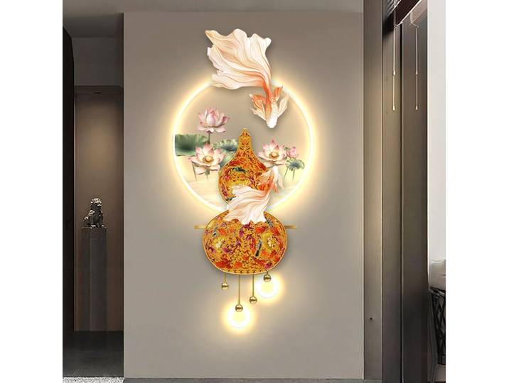 Décoration LED Murale Lotus et Carpes Koï pour Entrée, Salon, Chambre, Couloir – Peinture Murale Lumineuse Lotus