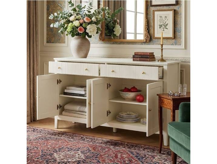 Buffet de Rangement 160x40x82cm - 2 Tiroirs 4 Portes - Style Élégant - MDF Blanc