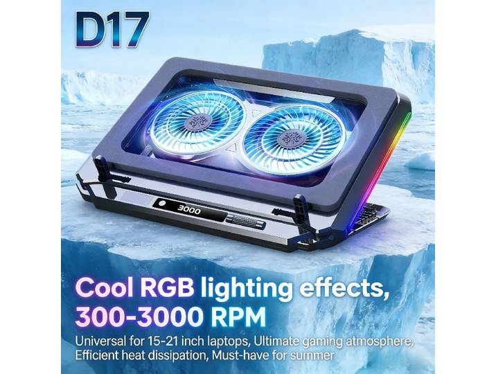 Support de refroidissement pour ordinateur portable D17 à 5 angles réglables avec éclairage RGB coloré, dissipation thermique, pour ordinateurs portables de 15 à 21 pouces