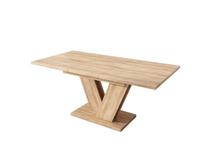 Modfu Esstisch aus MDF 140/180x80 cm Eichefarben ausziehbar mit V-förmigen Metallbeinen, 80x75.5x180 cm, Esszimmer, Esstische