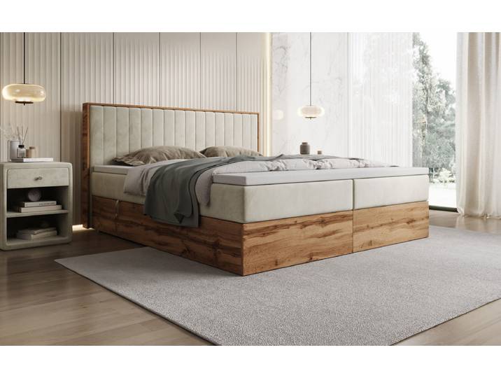 Boxspringbett Timber Line mit Stauraum in Samt - 160x200 - Dunkelbraun - H4 (100kg+) - Luxusbetten24