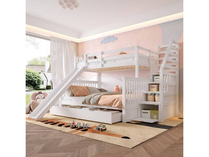 Lit superposé 90/140x200 cm avec tiroirs lit simple avec rangement lit rembourré pour enfant blanc