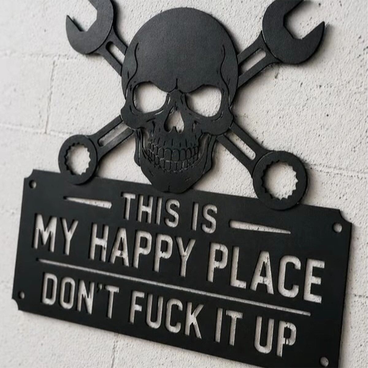 INF Schädel Metalltafel "This Is My Happy World" - Eisen Wanddekoration 30cm x 28cm