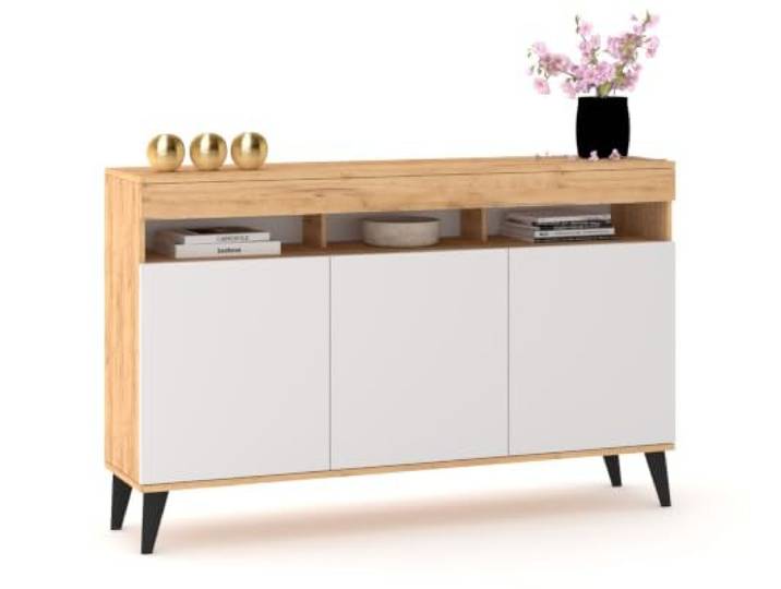 Euro Style Große Kommode Fernsehschrank Sideboard 120cm Skandi Golden Eiche/Weiß Matt