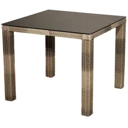 OUTFLEXX Rabida Dining Tisch, champagner-meliert, Polyrattan, 90 x 90 cm, Glasplatte in Steinoptik