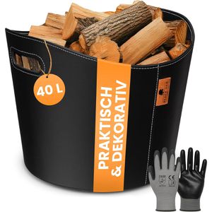 Black-Oak Kaminholzkorb Dakota L, mit Handschuhen, schwarz, Kunstleder, 2 Tragegriffe, 40 x 32 cm, 40 Liter