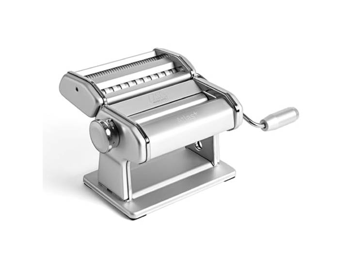 Marcato Atlas+ Frische Nudelmaschine aus eloxiertem Aluminium mit 4 Größen Lasagne, Fettuccine, Tagliolini und Spaghetti, hergestellt in Italien, kompatibel mit zusätzlichen Zubehörteilen