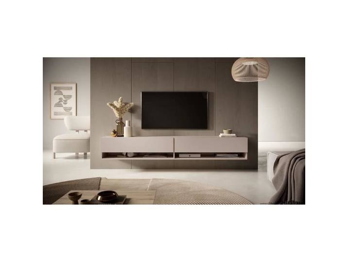 Meuble TV - SELSEY - MIRRGO - 200 cm - Beige - Mélamine finition mate